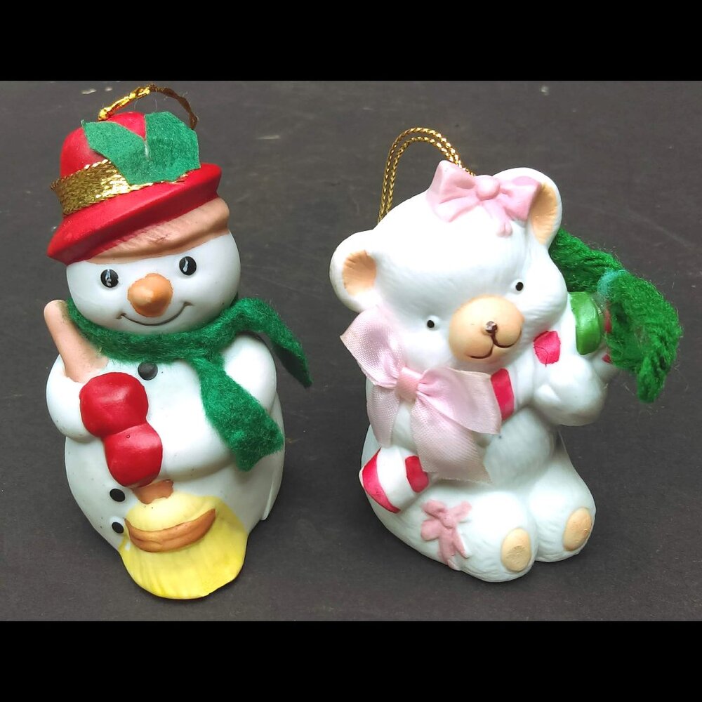 Vintage BOA Christmas Porcelain Chime Bells Ringers Ornaments Snowman and Bear